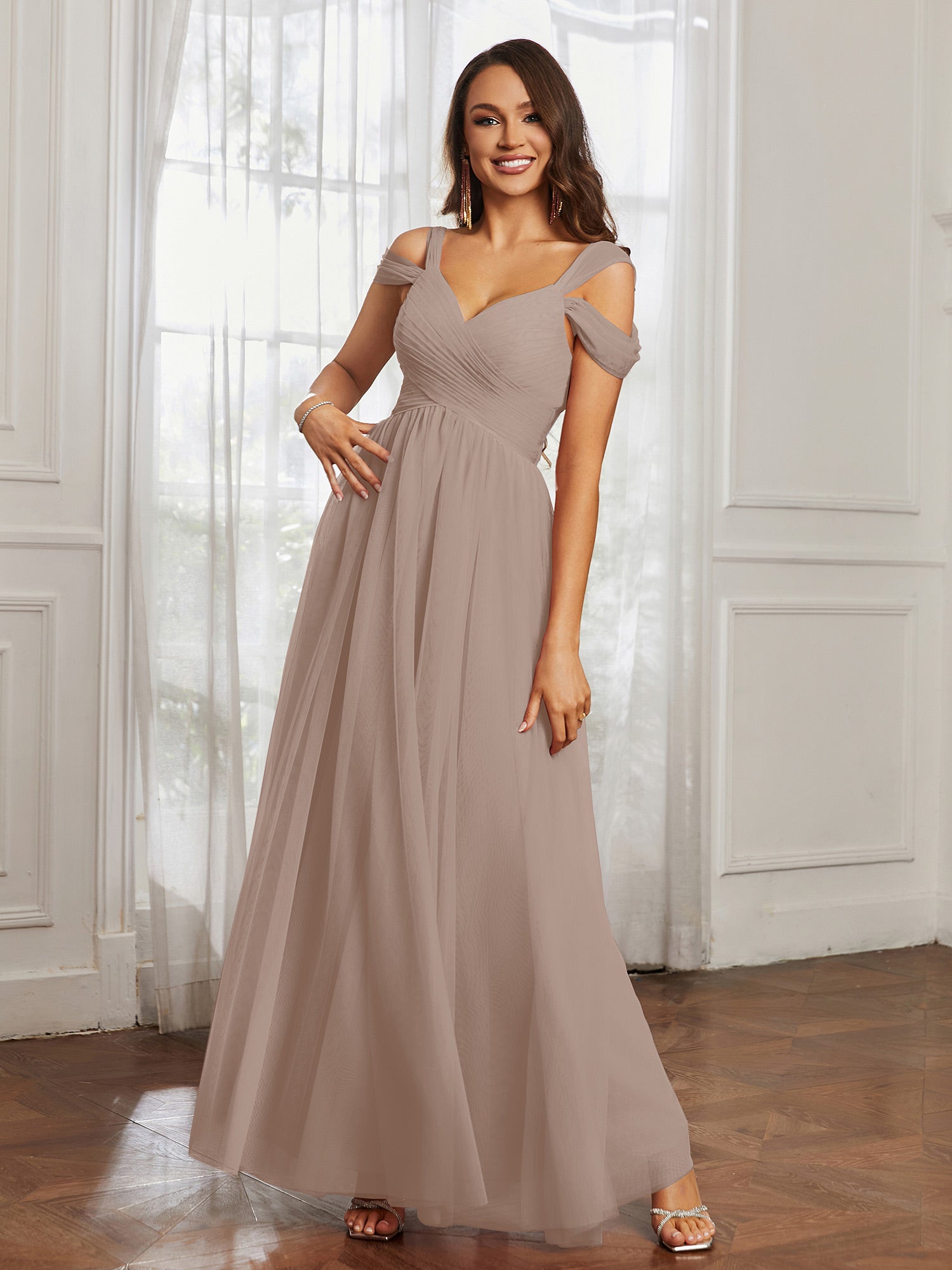 Off-the-shoulder Ruched Tulle A-line Dress Taupe